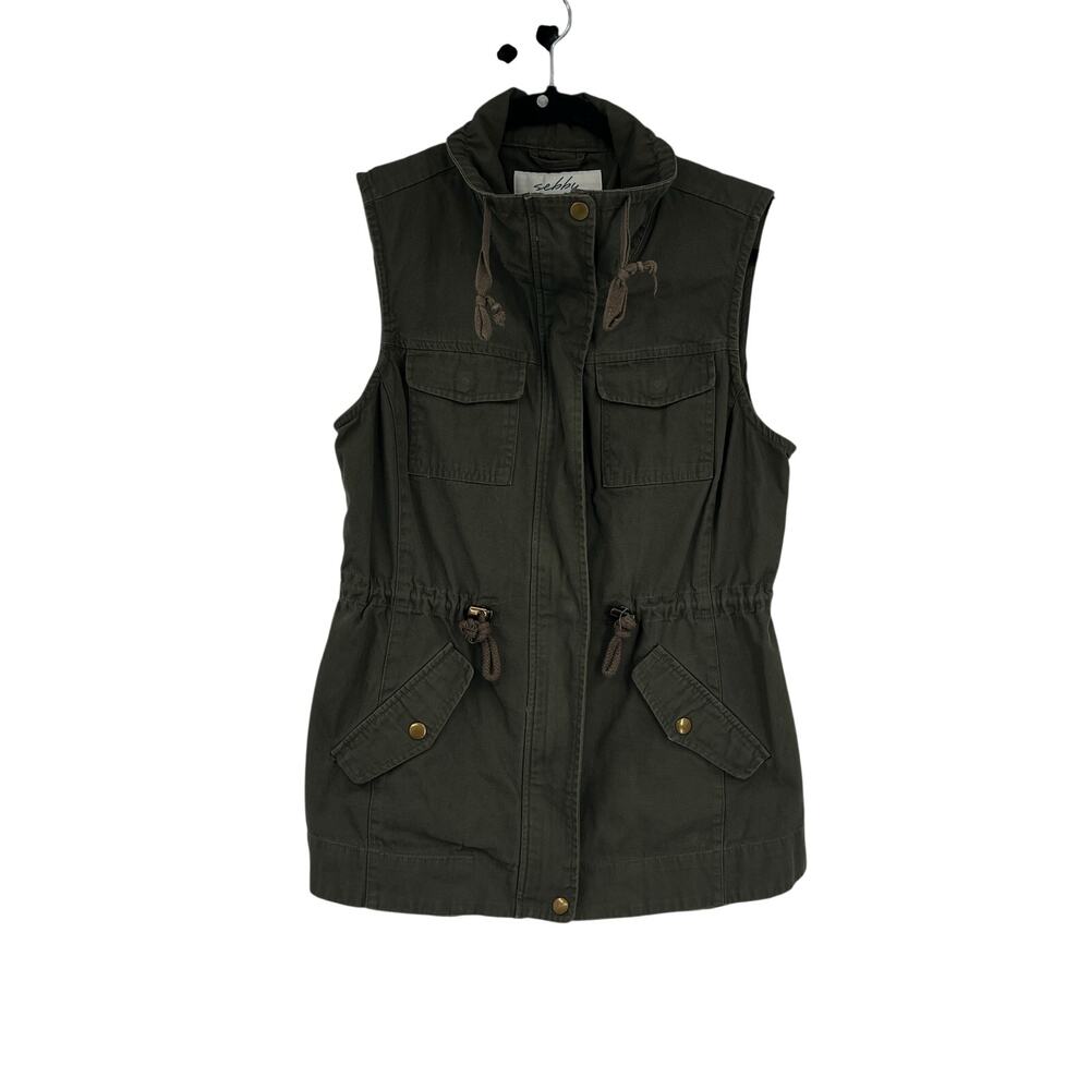 Sebby Olive Green Military Vest Full Zip Cinch Waist Sleeveless Women S Utility